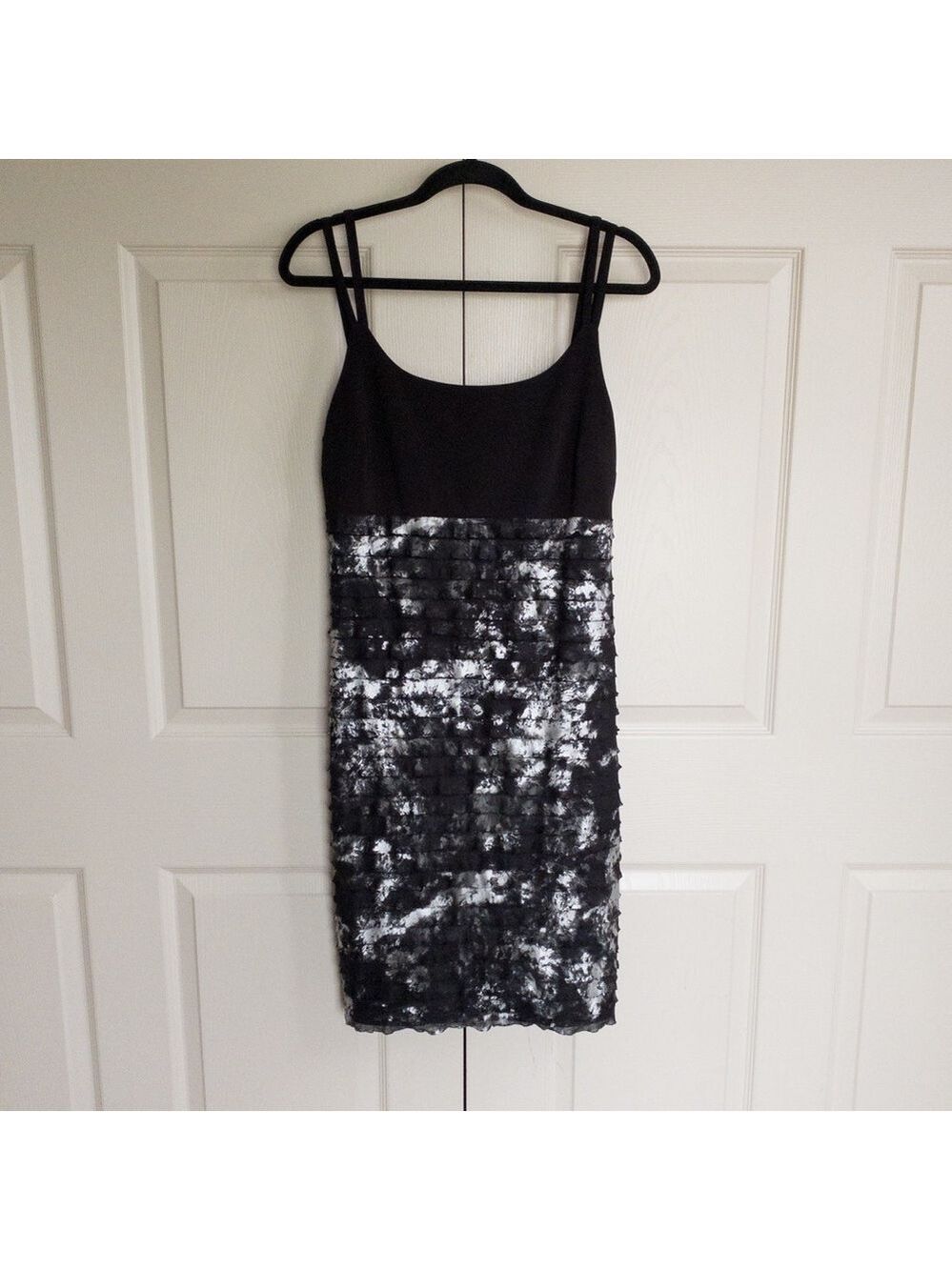 Joseph Ribkoff Pencil Dress Black Silver Tiered Ruffle Midi Dress Womens Size 12